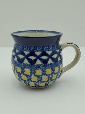 Polish Pottery Yellow Circles Blue Squares Small Bubble Mug Small Belly Mug